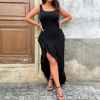 Damen elegantes Maxikleid mit asymmetrischem Saum und Rüschendetails R&B