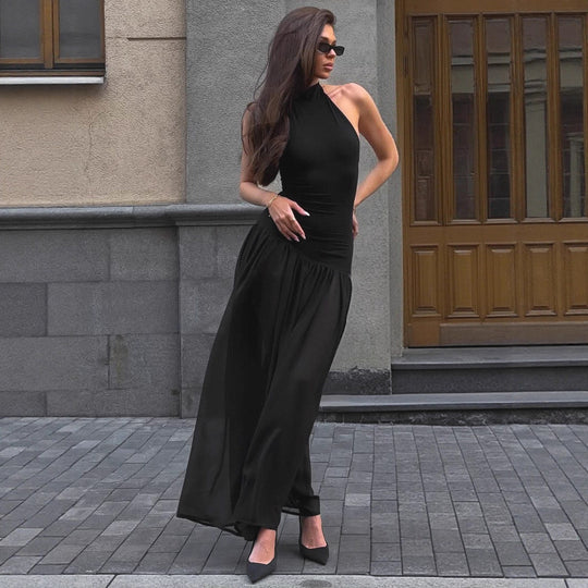 Damen Maxi-Kleid mit elegantem Stehkragen und fließendem Rock R&B