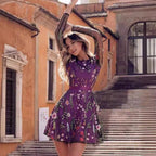 Damen Blumenmuster Kleid mit transparenten Ärmeln und Taillengürtel R&B