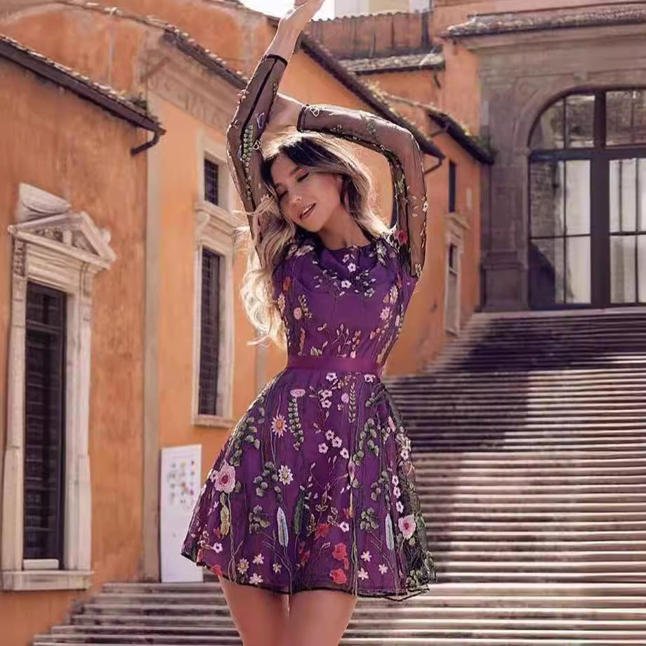 Damen Blumenmuster Kleid mit transparenten Ärmeln und Taillengürtel R&B