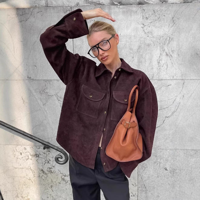 Damen Modische Suede Oversized Hemdjacke mit praktischen Taschen R&B