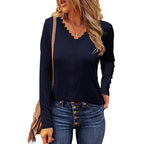 Damen elegantes V-Ausschnitt Longsleeve-Shirt mit Spitzenbesatz R&B