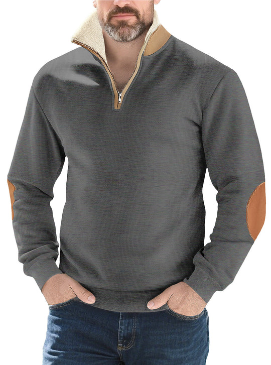 Herren nan Strukturstrick-Halbzipppullover mit wärmendem Sherpa-Kragen und Velours-Ellenbogenapplikation R&B