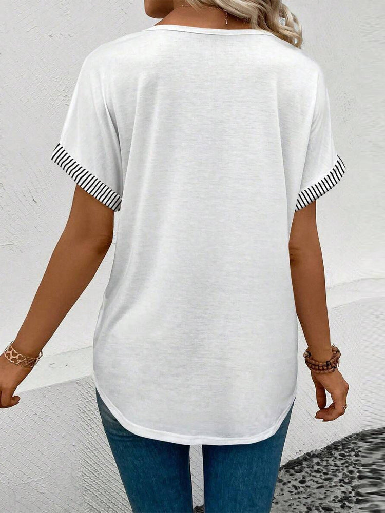 Damen V-Ausschnitt T-Shirt mit gestreiften Details Heidi-Mode