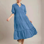 Damen lässiges Maxikleid mit V-Ausschnitt und volumetrischen Ärmeln R&B
