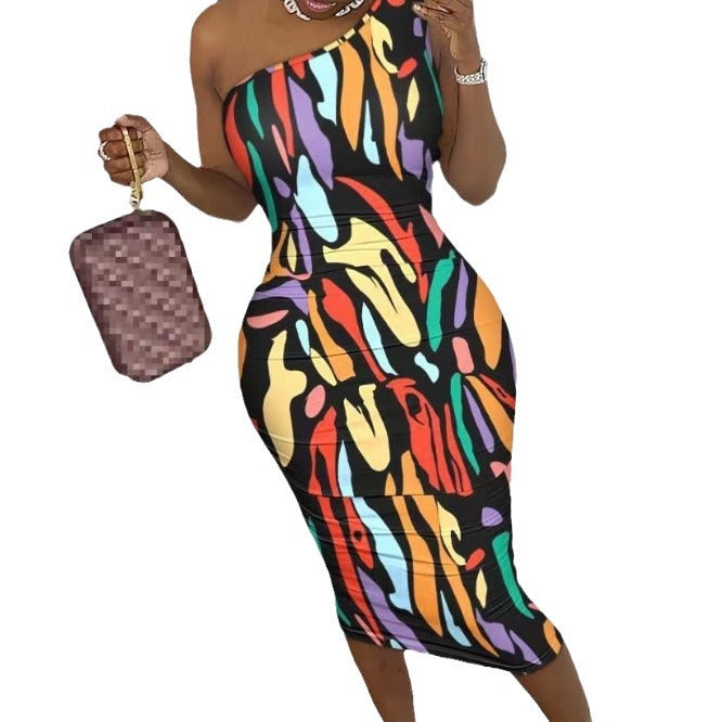 Damen Wickelkleid mit asymmetrischem Träger und buntem Muster R&B