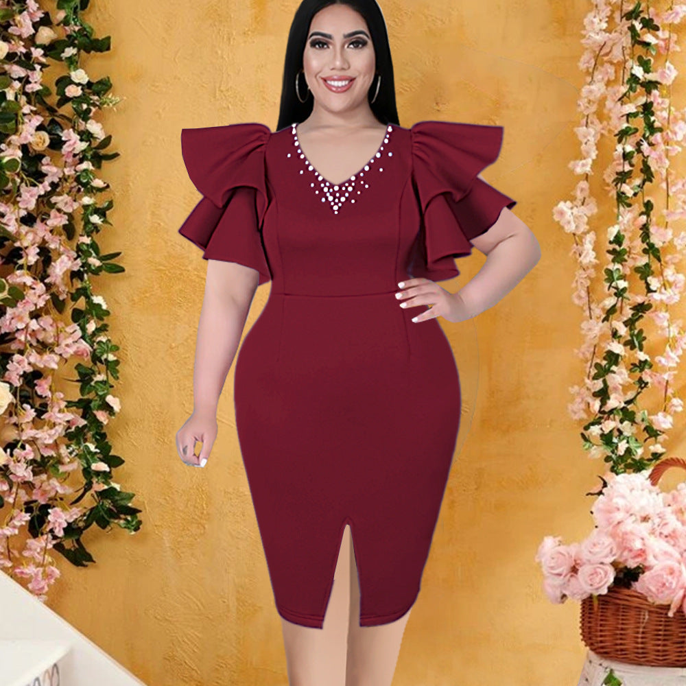 Damen figurbetontes Kleid mit voluminösen Rüschenärmeln und eleganten Strassdetails R&B