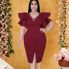 Damen figurbetontes Kleid mit voluminösen Rüschenärmeln und eleganten Strassdetails R&B