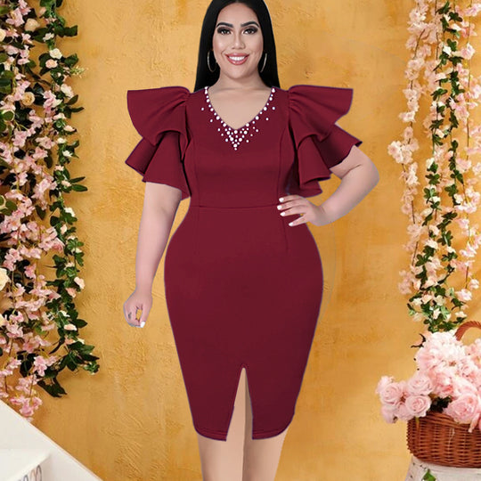 Damen figurbetontes Kleid mit voluminösen Rüschenärmeln und eleganten Strassdetails R&B