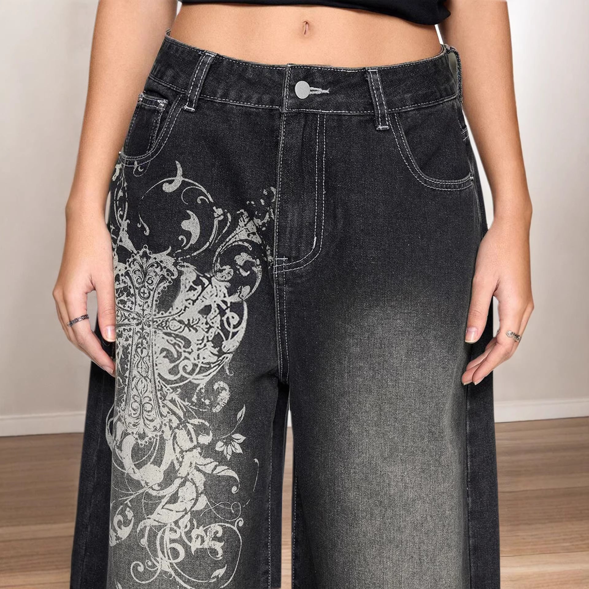 Damen Weite Denim-Hose mit auffälligem grafischem Druck R&B