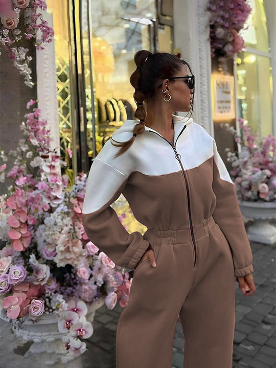 Damen Sportliche Fleecejacke und Hose Set mit Kontrastbesätzen R&B