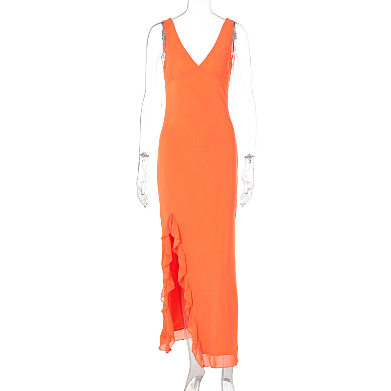 Damen Maxikleid mit tiefem Schlitz und eleganten Rüschendetails R&B