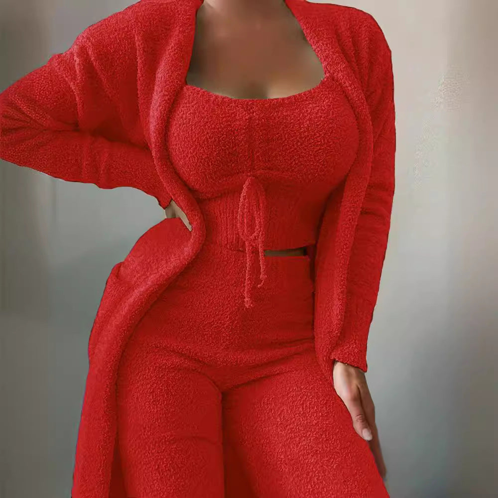 Damen nan luxuriöses Teddy-Fleece Lounge-Set mit Longcardigan, gerafftem Cropped-Bustier und Highwaist-Hose R&B