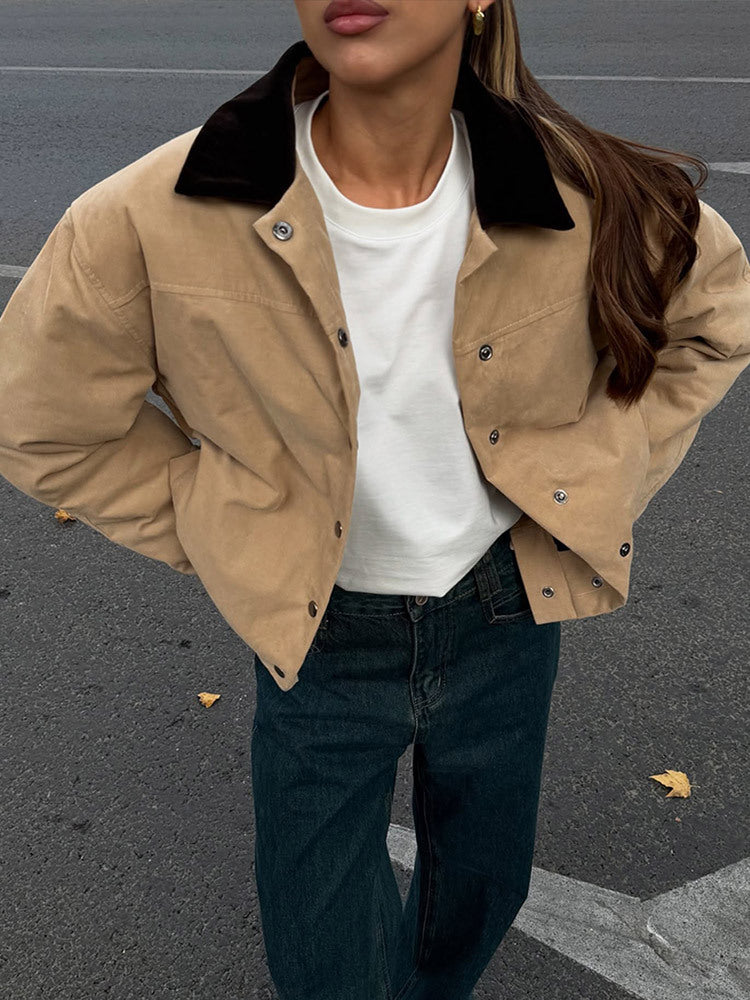 Damen modische Oversized-Jacke mit Samtkragen und Druckknopfverschluss R&B