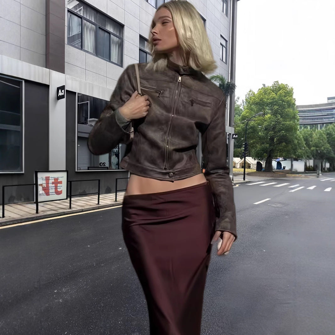 Damen trendige Bikerjacke aus hochwertigem Kunstleder R&B