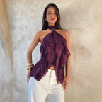 Damen nan Chiffon-Haltertop mit dekorativem Metallring und mehrlagigen Volants R&B