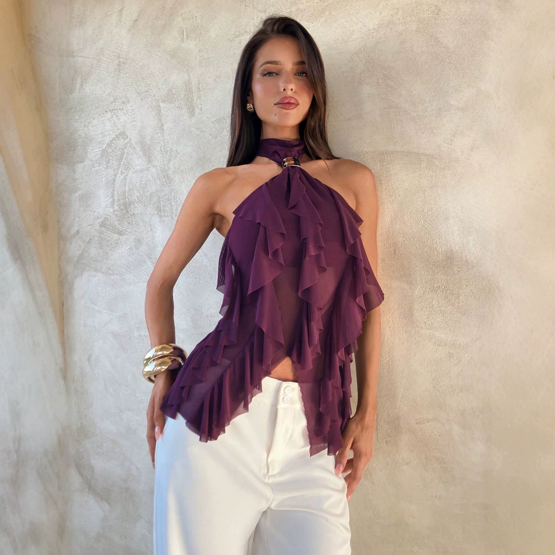 Damen nan Chiffon-Haltertop mit dekorativem Metallring und mehrlagigen Volants R&B