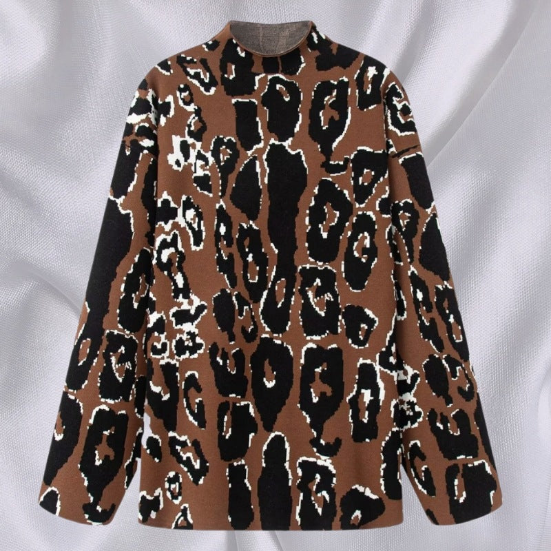 Damen Oversized Pullover mit animalischem Muster und hohem Kragen R&B