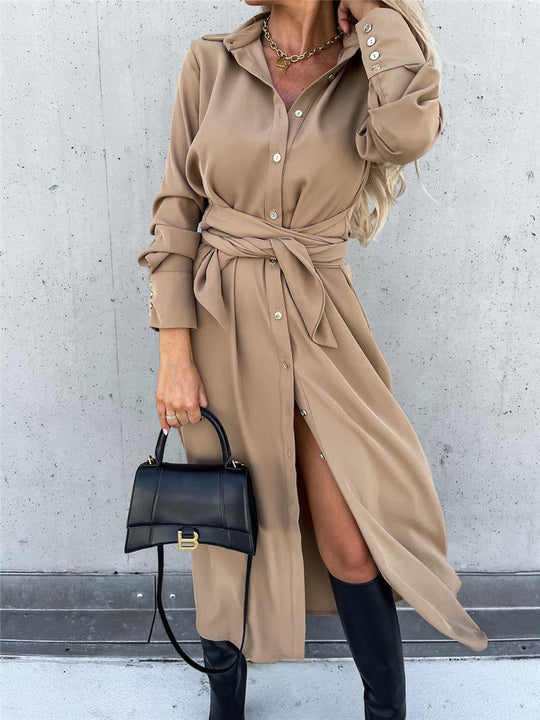 Damen Hemdblusenkleid mit Taillengürtel und seitlichem Schlitz R&B