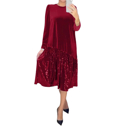 Damen nan Samt-Midikleid mit plissiertem Paillettenrock, lockerem A-Linien-Schnitt und Rundhalsausschnitt R&B
