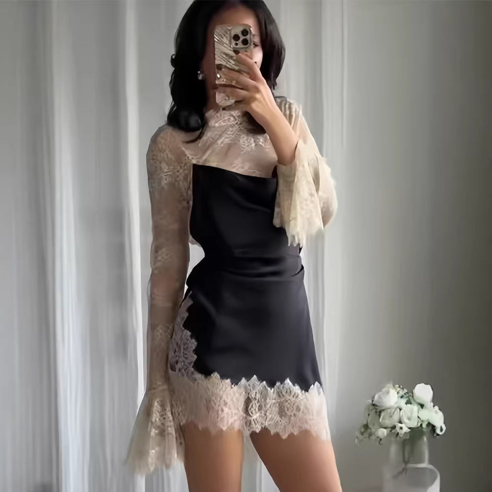 Damen Chiffon Abendkleid mit eleganten Spitzendetails und schwingenden Ärmeln R&B