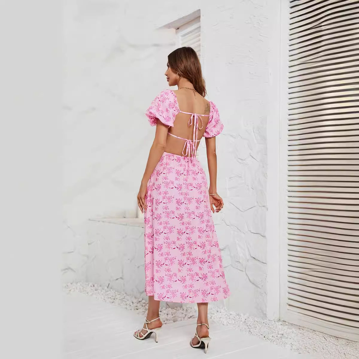 Damen Maxikleid mit schickem Quadrat-Ausschnitt und voluminösen Puffärmeln R&B