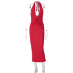 Damen figurbetontes Maxikleid mit tiefem Dekolleté und Rückenschnürung R&B