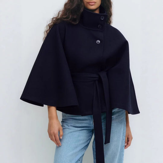 Damen Überwurfjacke mit hohem Kragen und taillierter Bindegürtel R&B