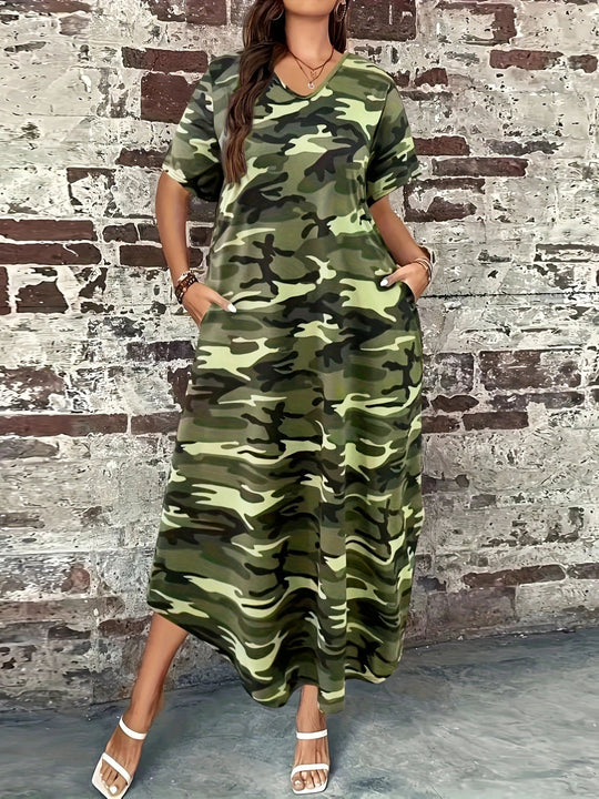 Damen Maxi-Kleid mit modernem Camouflage-Design und praktischen Taschen R&B