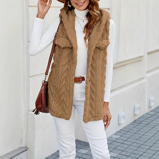 Damen lange Strickweste mit kapuze und aufgesetzten Taschen R&B