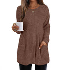 Damen lässiger Strickpullover mit seitlichen Eingrifftaschen und Rippenstruktur R&B