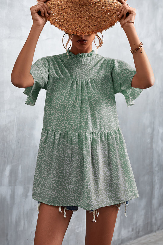 Damen luftiges Freizeitkleid mit voluminösen Rüschen und hohem Stehkragen R&B