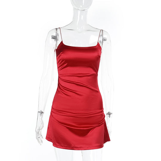 Damen elegantes Minikleid mit schulterfreien Spaghettiträgern und raffinierten Rüschendetails R&B