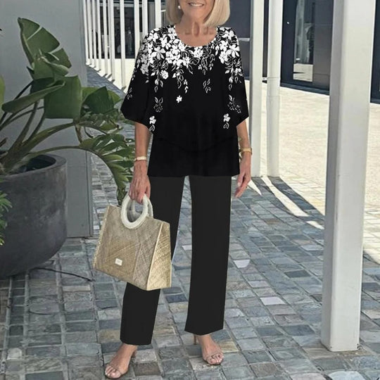 Damen nan Lagen-Tunika mit Cape-Ärmeln und knöchellanger Geradebeinhose mit Grafikprint R&B