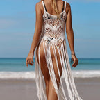 Damen Häkel-Strandüberwurfkleid im boho-chic Stil mit fransenbesetztem Saum und transparentem Design R&B