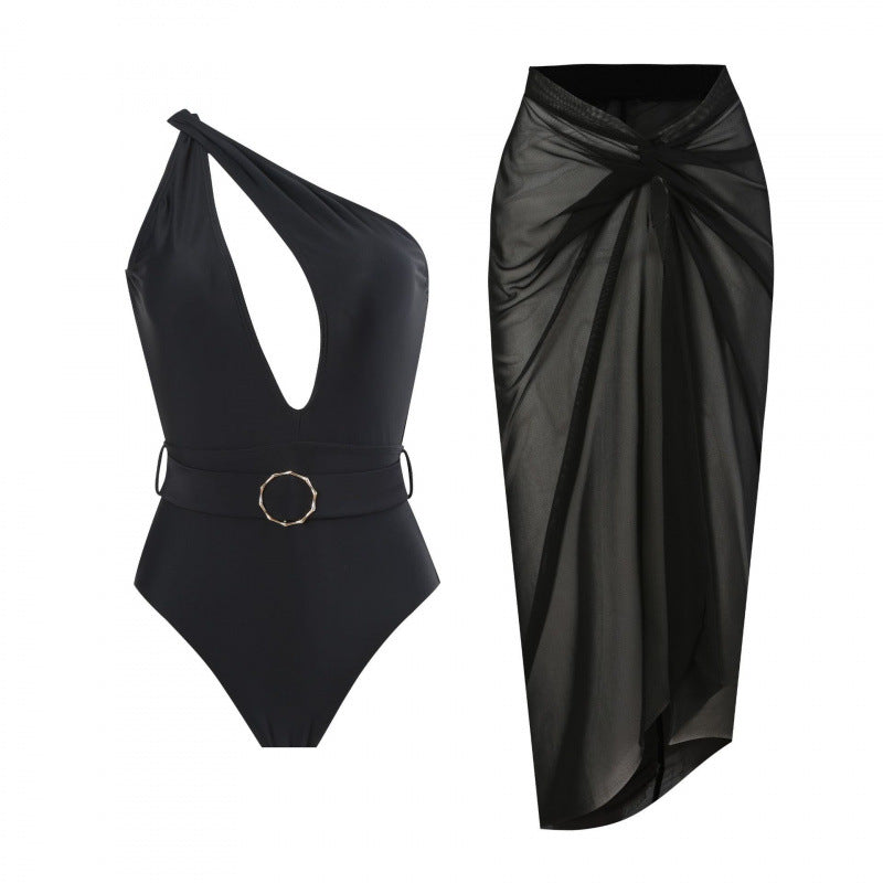 Damen Einteiliger Badeanzug mit asymmetrischem Schnitt und Wickelrock R&B