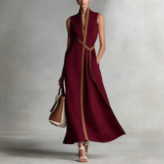 Damen elegantes Maxikleid mit Taillenschnitt und schmalem Gürtel R&B