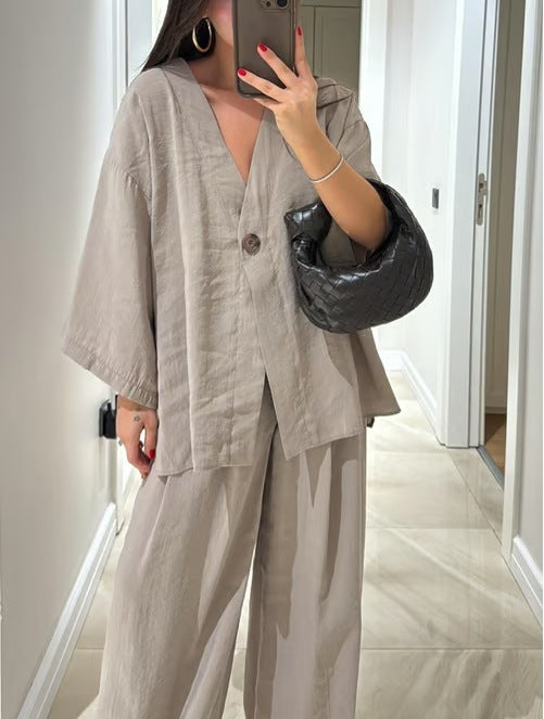 Damen Übergröße Chiffonjacke mit weit geschnittenen Ärmeln und akzentuiertem Knopf R&B