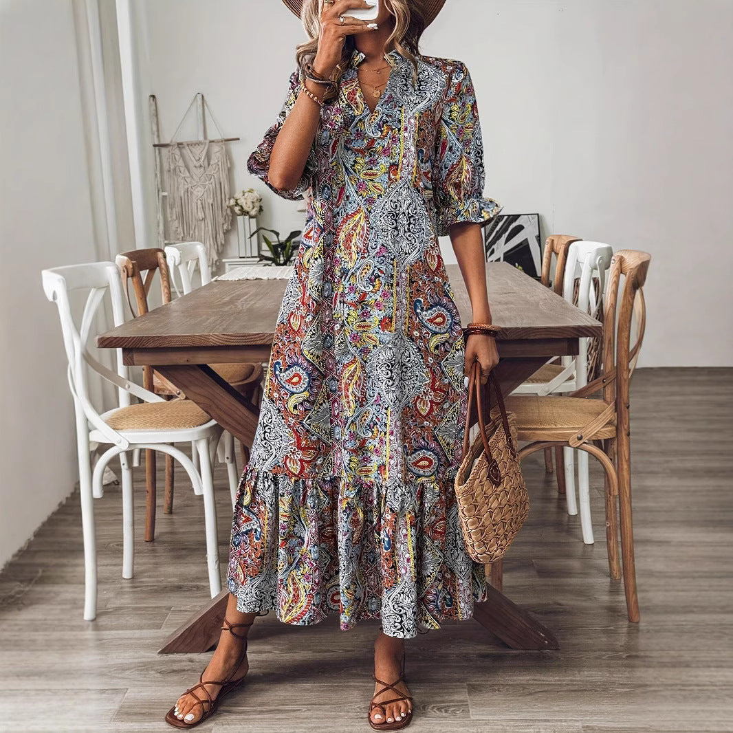 Damen Maxikleid mit buntem Paisley-Muster und modischem Volant R&B