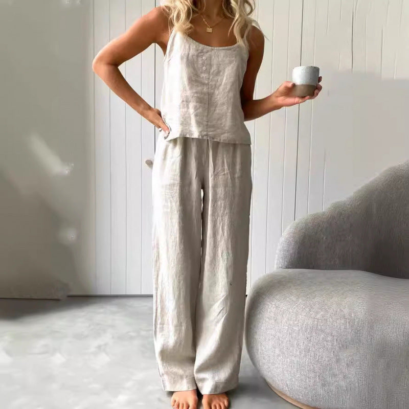 Damen lässiges Leinen-Set mit trägerloser Bluse und weiten Hosen R&B