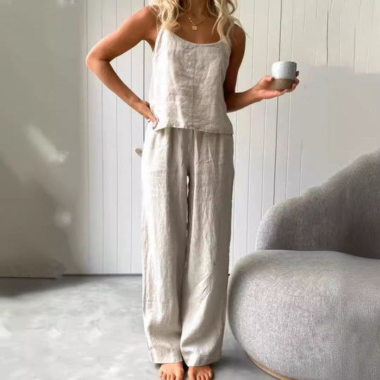 Damen lässiges Leinen-Set mit trägerloser Bluse und weiten Hosen R&B