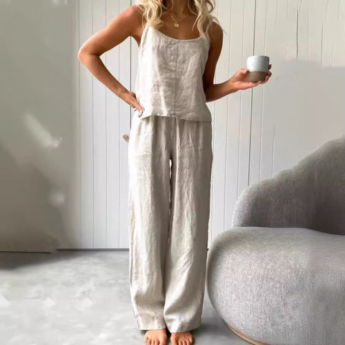 Damen lässiges Leinen-Set mit trägerloser Bluse und weiten Hosen R&B