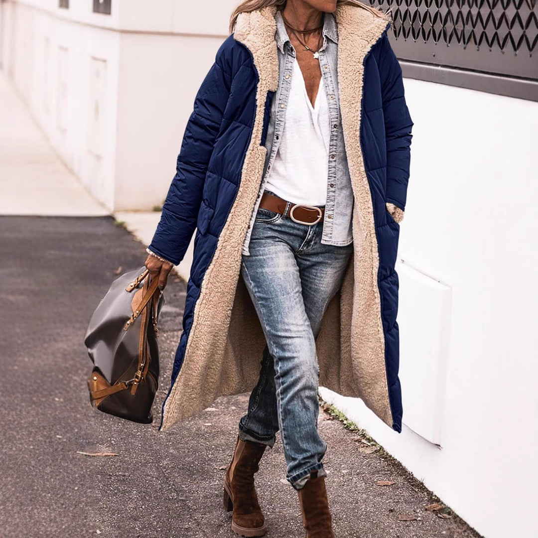 Damen lange Steppjacke mit kuscheligem Teddyfutter und großem Revers R&B