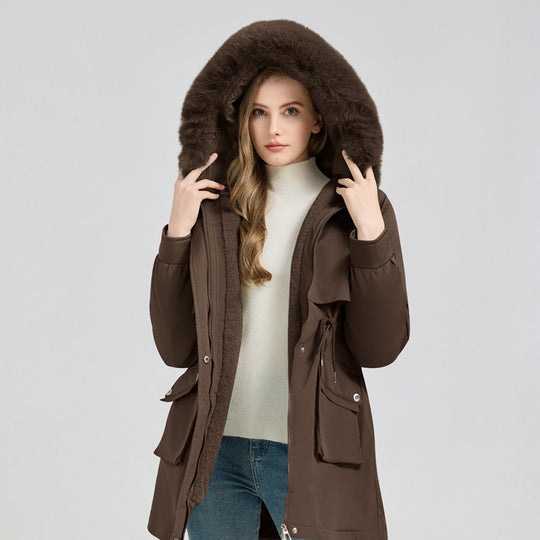 Damen Modische Pufferjacke mit abnehmbarem Kunstpelzkragen und funktionalen Taschen R&B