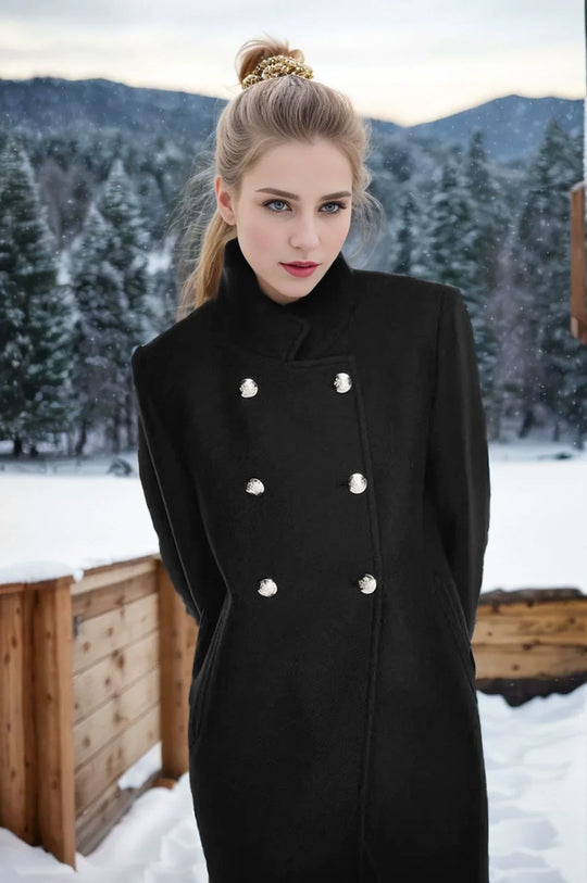 R&B | Damenwolljacke mit Doppelten Knöpfen und Hohem Kragen