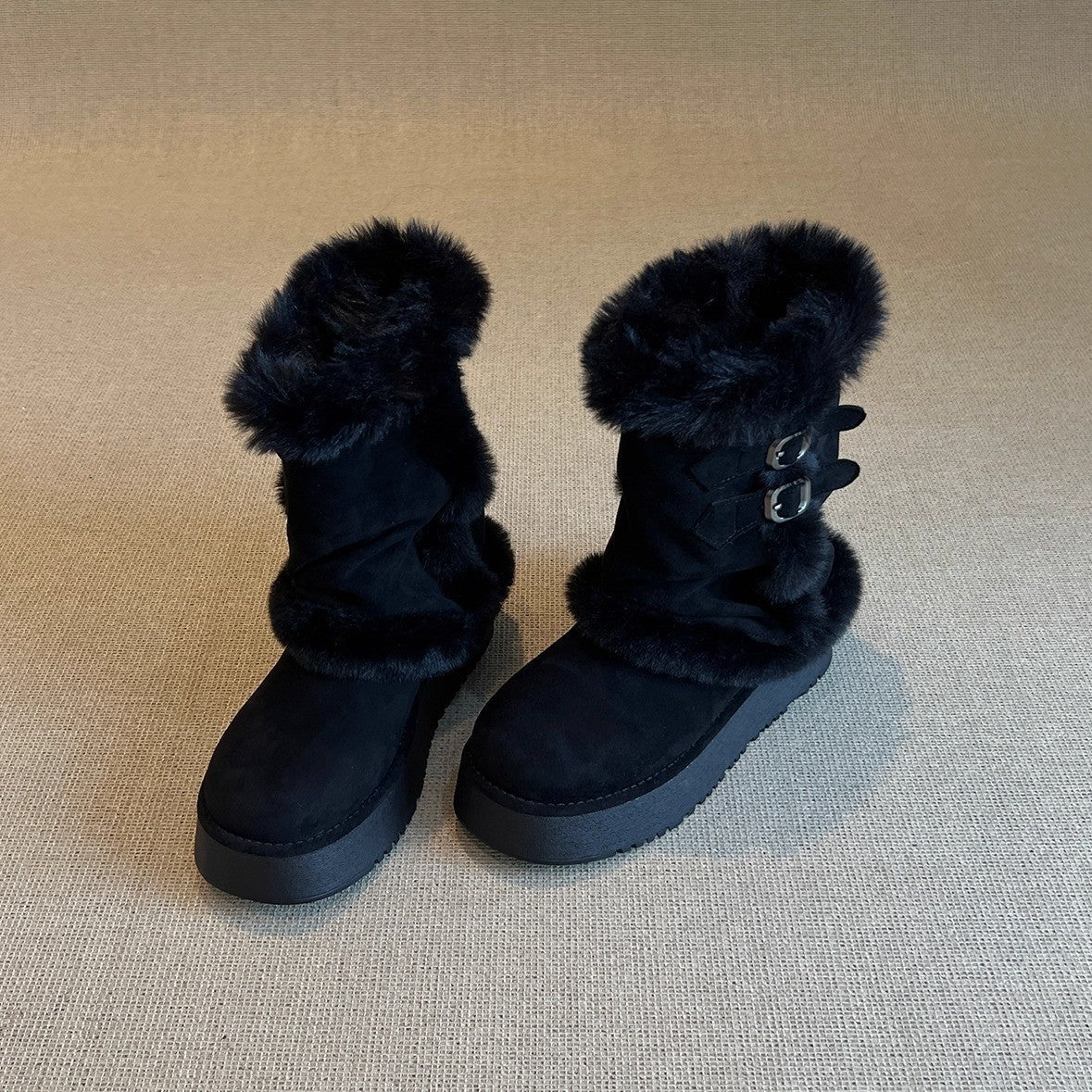 Damen modische Winterstiefel mit kuscheligem Kunstfell und praktischem Doppelriemen R&B
