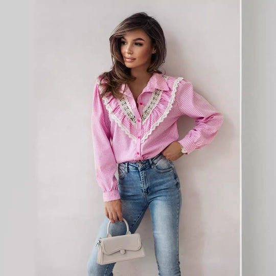 Damen Bluse mit raffinierten Spitzenakzenten und karierter Gestaltung R&B