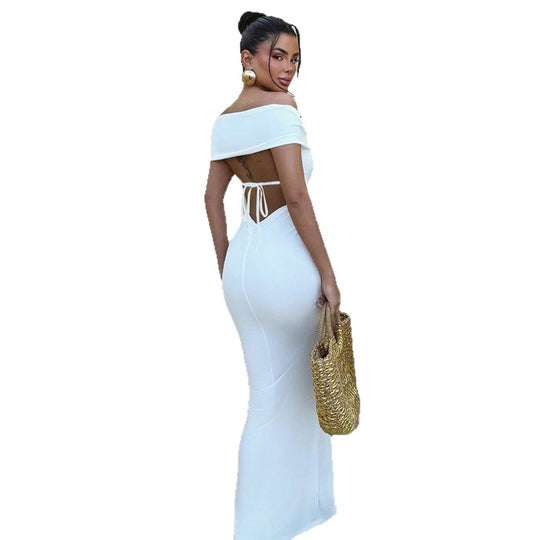 Damen Elegantes Maxikleid mit schulterfreiem Design und funkelndem Verschluss R&B