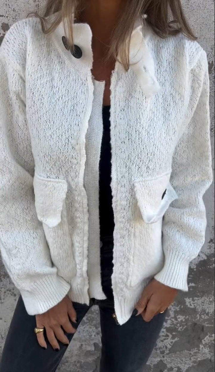 Damen weiche Strickjacke mit wärmeisolierendem Kragen und aufgesetzten Taschen R&B