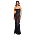 Damen Elegantes Abendkleid aus transparenter Spitze mit Leo-Muster R&B